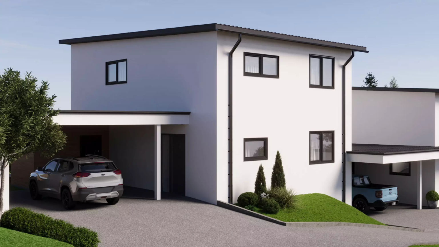 Moderne Außenansicht eines Neubauhauses mit Carport und geparktem Auto
