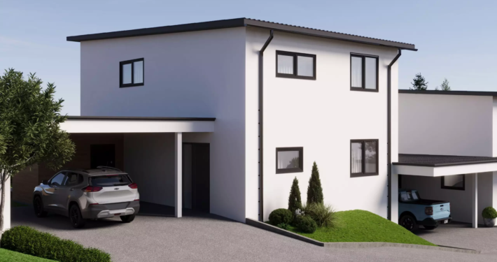 Moderne Außenansicht eines Neubauhauses mit Carport und geparktem Auto