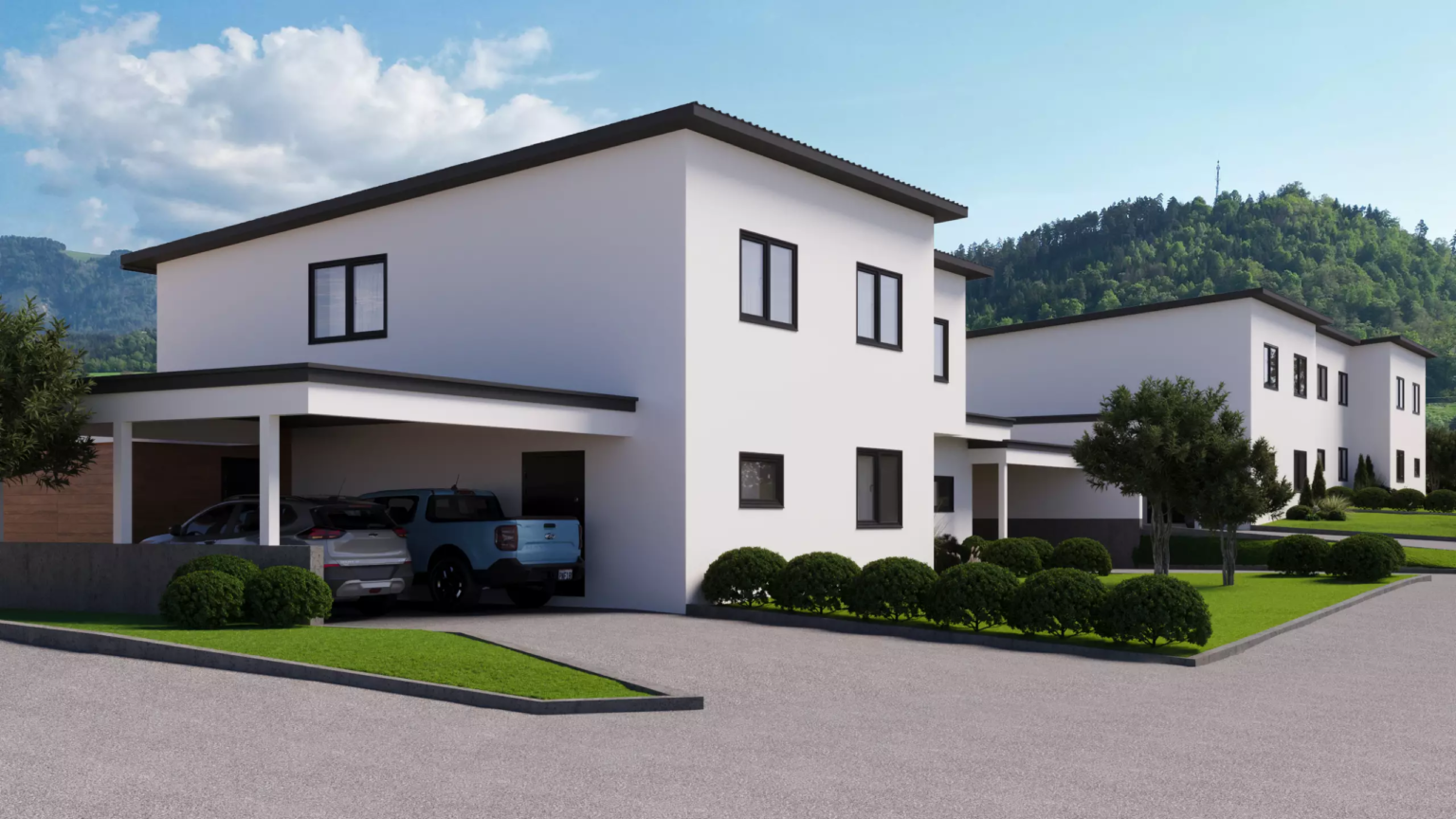 Neubauprojekt Völkermarkt – Außenansicht mit Carport Außenansicht eines modernen Neubauhauses in Völkermarkt mit Carport und Auto