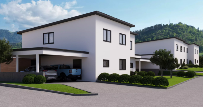 Außenansicht eines modernen Neubauhauses in Völkermarkt mit Carport und Auto