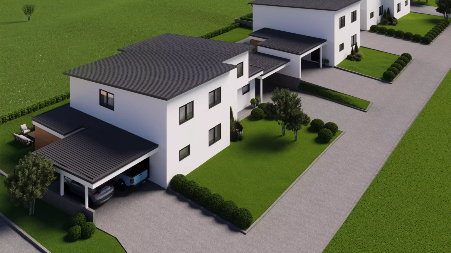 Neubauprojekt Völkermarkt – Außenansicht mit Carport Außenansicht mit drei modernen Neubauhauses in Völkermarkt mit Carport