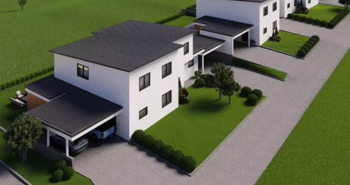 Außenansicht mit drei modernen Neubauhauses in Völkermarkt mit Carport