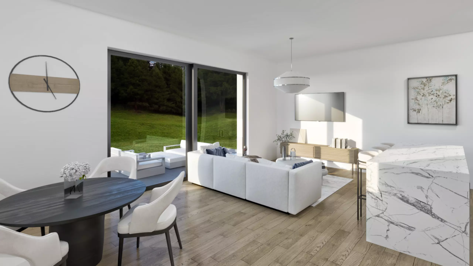 Neubauprojekt Völkermarkt – Helles, modernes Wohnzimmer Innenvisualisierung eines modernen Wohnzimmers mit großen Fensterflächen im Neubauprojekt Völkermarkt